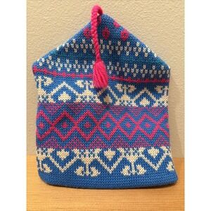 Vintage Smiley Hat Wool Ski Hat Blue With Pink Beanie